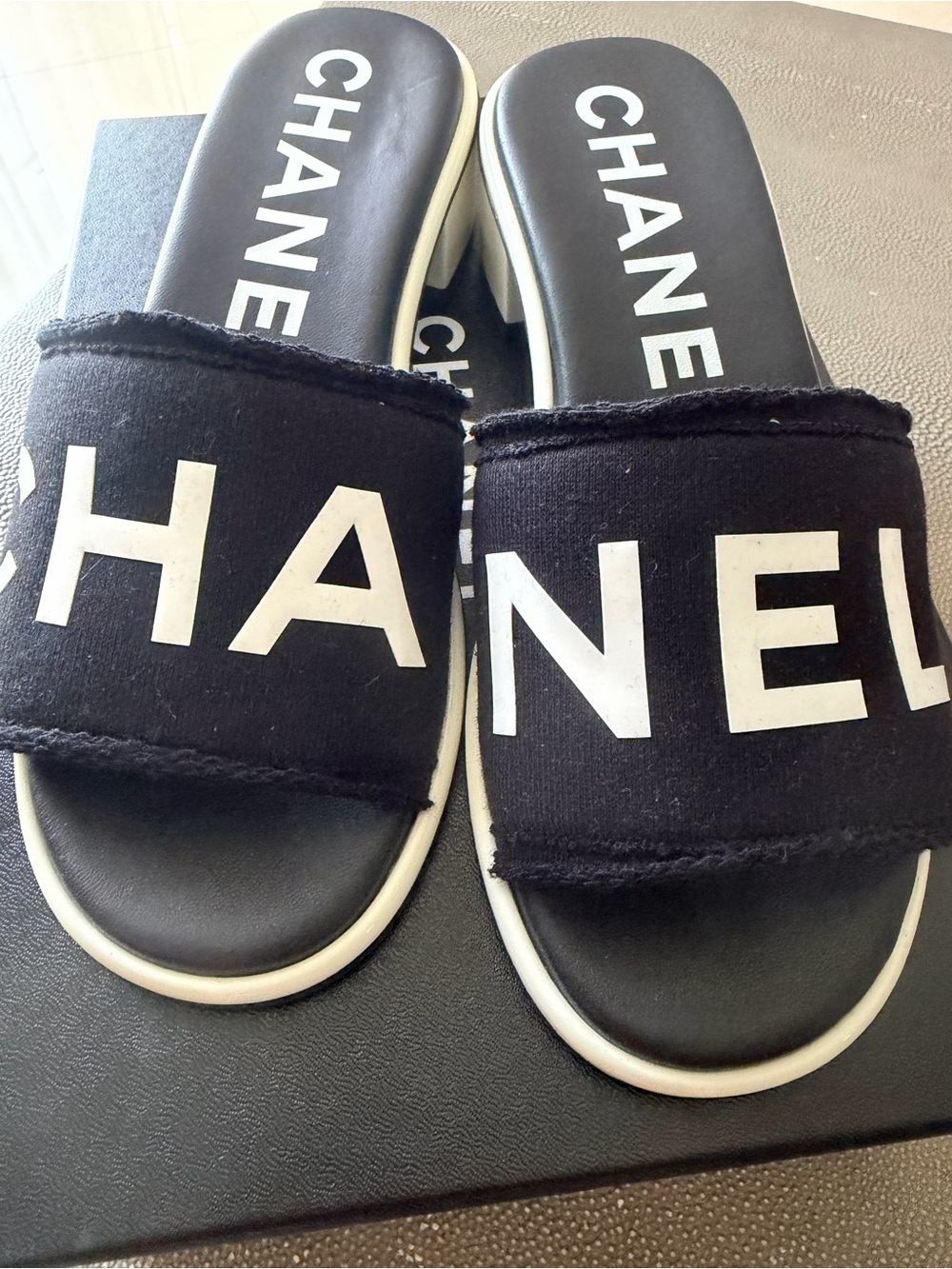 CHANEL Black and White Logo Slide Sandals